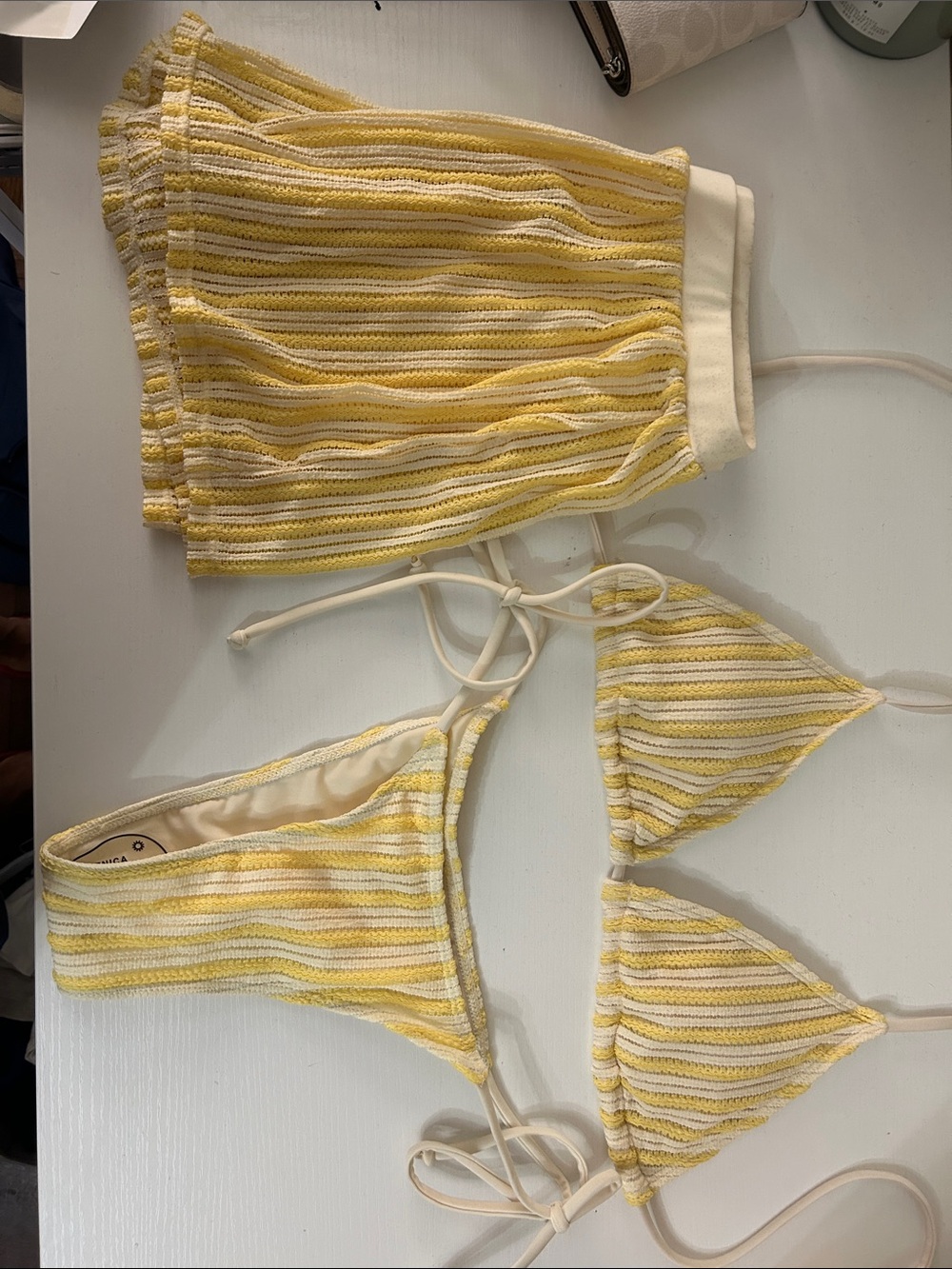 SHEIN Yellow & Cream Striped Triangle Bikini Set with Matching Skirt